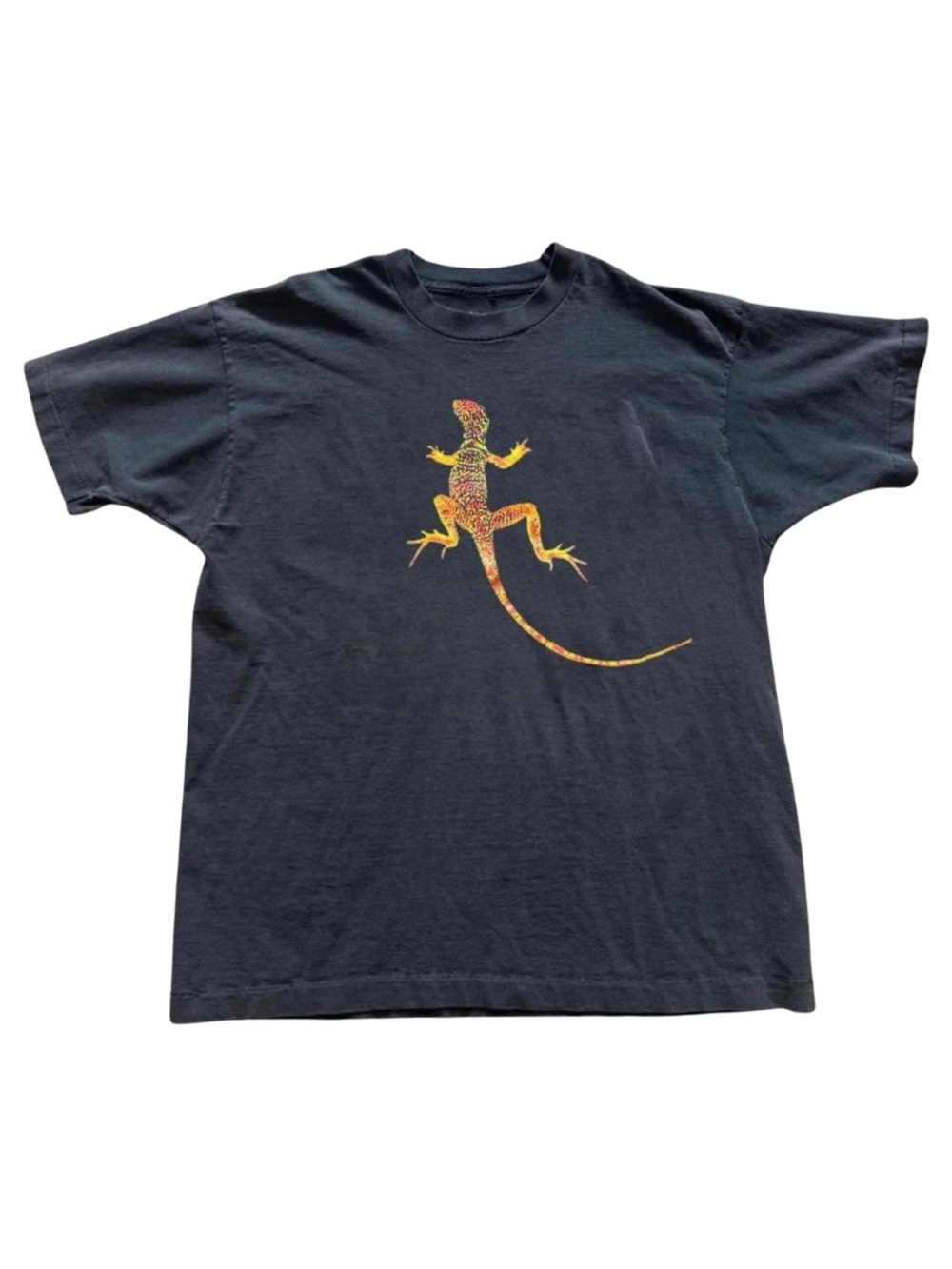Black Reptile Graphic Tee, Orange Lizard Design, Retro Classic Style